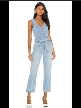 Grlfrnd NWOT Amaya Jumpsuit Sleeveless Waist Tie Blue Denim Button Front Small